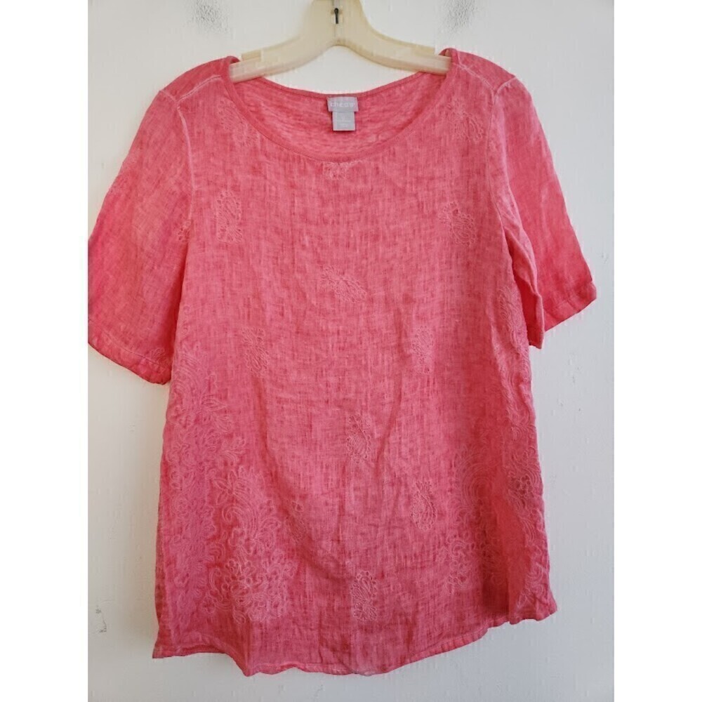 Chico's Women Pink w/Embroidery 100% Linen Tunic Blouse size O or US 4/6